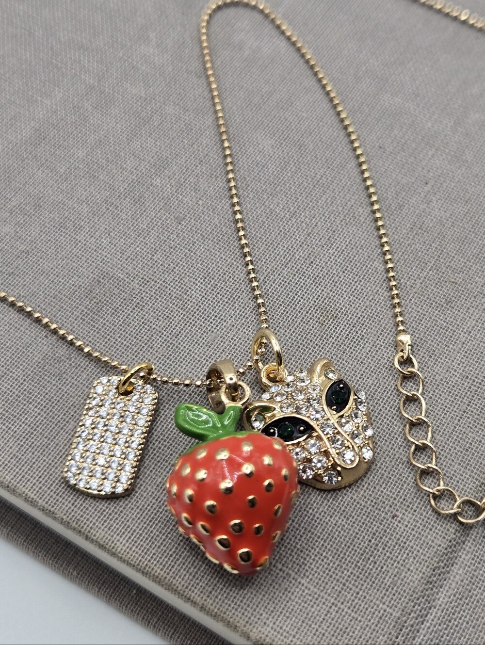Gold Tone Ball Chain Charm Necklace 18" Strawberry Puma Dog Tags Strawberries